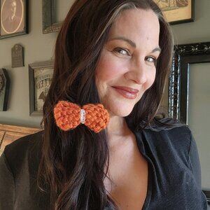 Hand Knit Hair Bow on Clip, Rust Orange with Vintage White Lace, "Autumn Leaf"